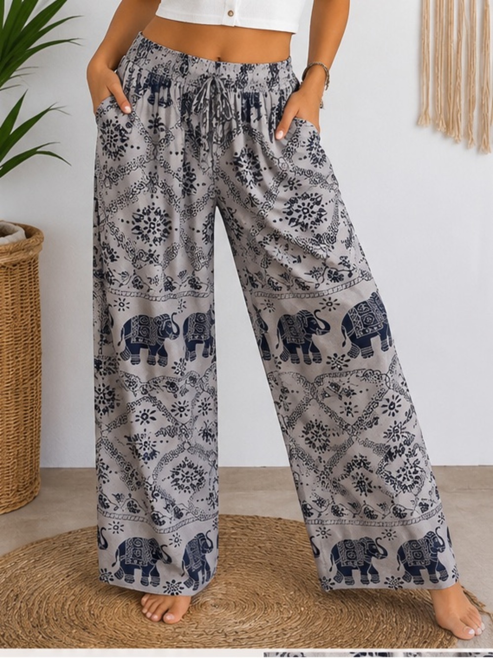NWOT Boho Elephant Print Wide Leg Lounge Pants Gray Blue Stretch Waist One Size
